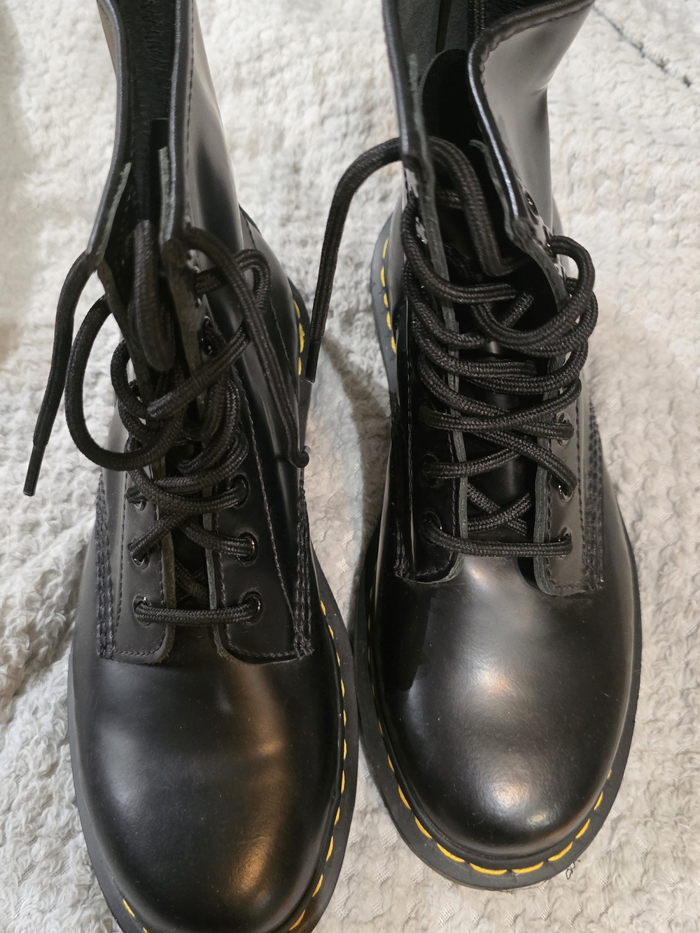 Dr. Martens Black Leather Combat Boots with Yellow Stitching
